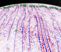 Gravity gradient model of Mid-Atlantic Ridge, green dots for earthquakes of at least magnitude 5.5